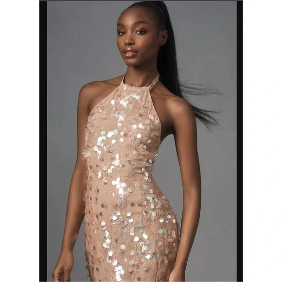 NWT Anthropologie Halter Sequin Mesh Midi Dress - XS